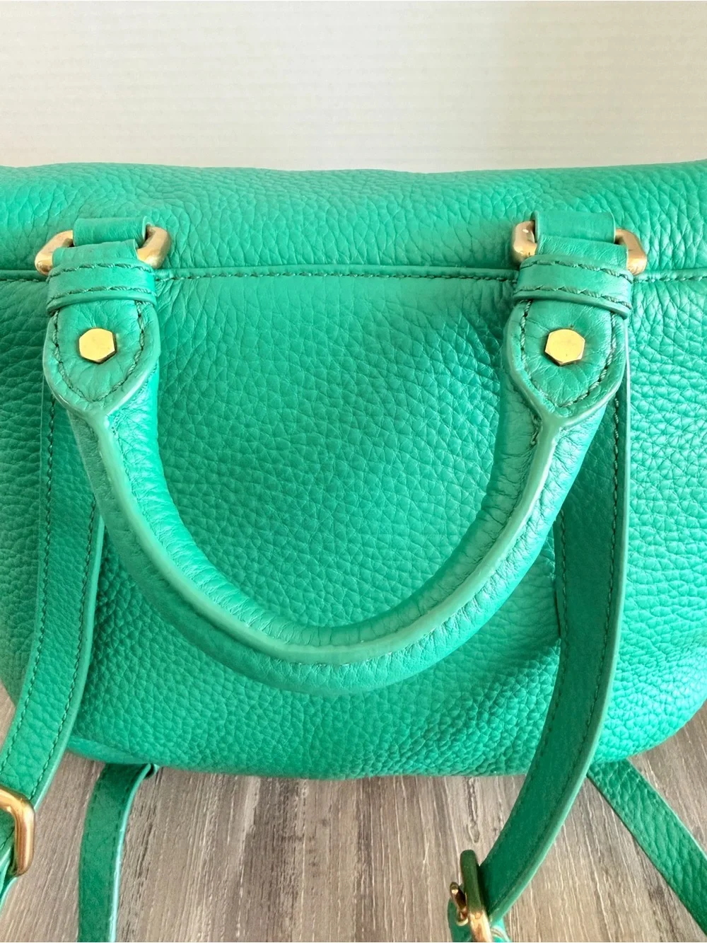 Marc Jacobs Green Pebbled Leather Backpack Top Handle Bag with Gold Plate Zip